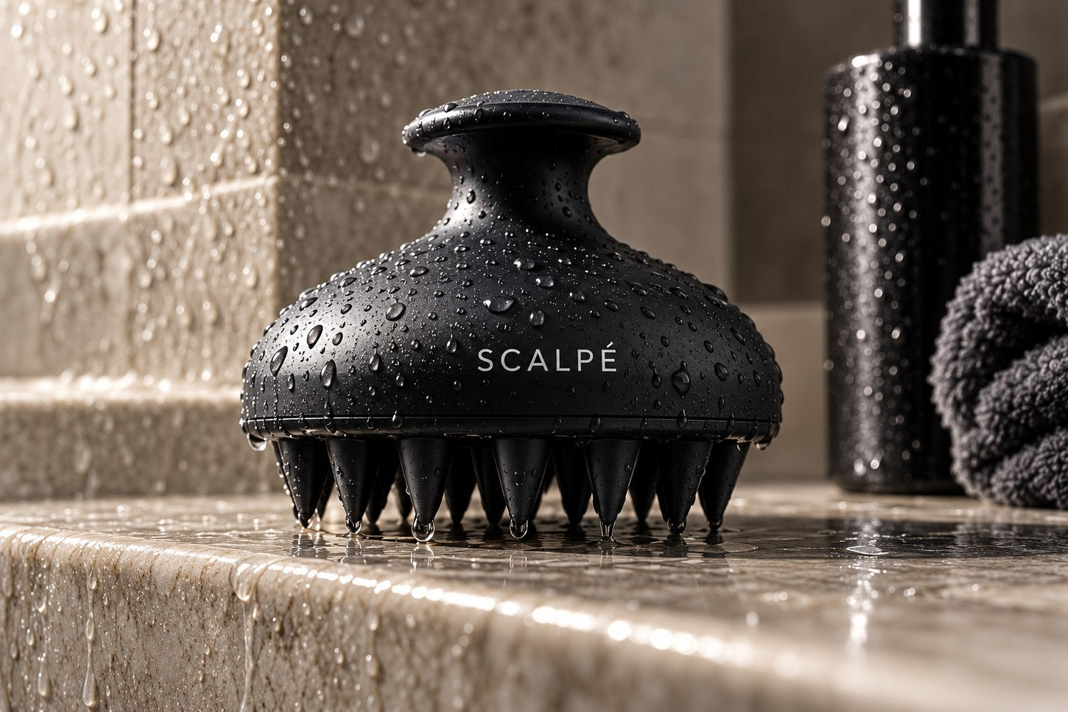 SCALPÉ silicone scalp massager in a warm stone shower setting