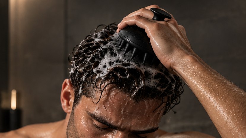 Man using a scalp massager in the shower